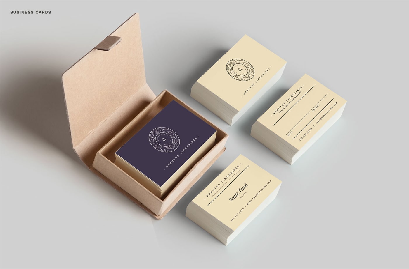 Arbutus Limousines ivory and royal plum business cards
