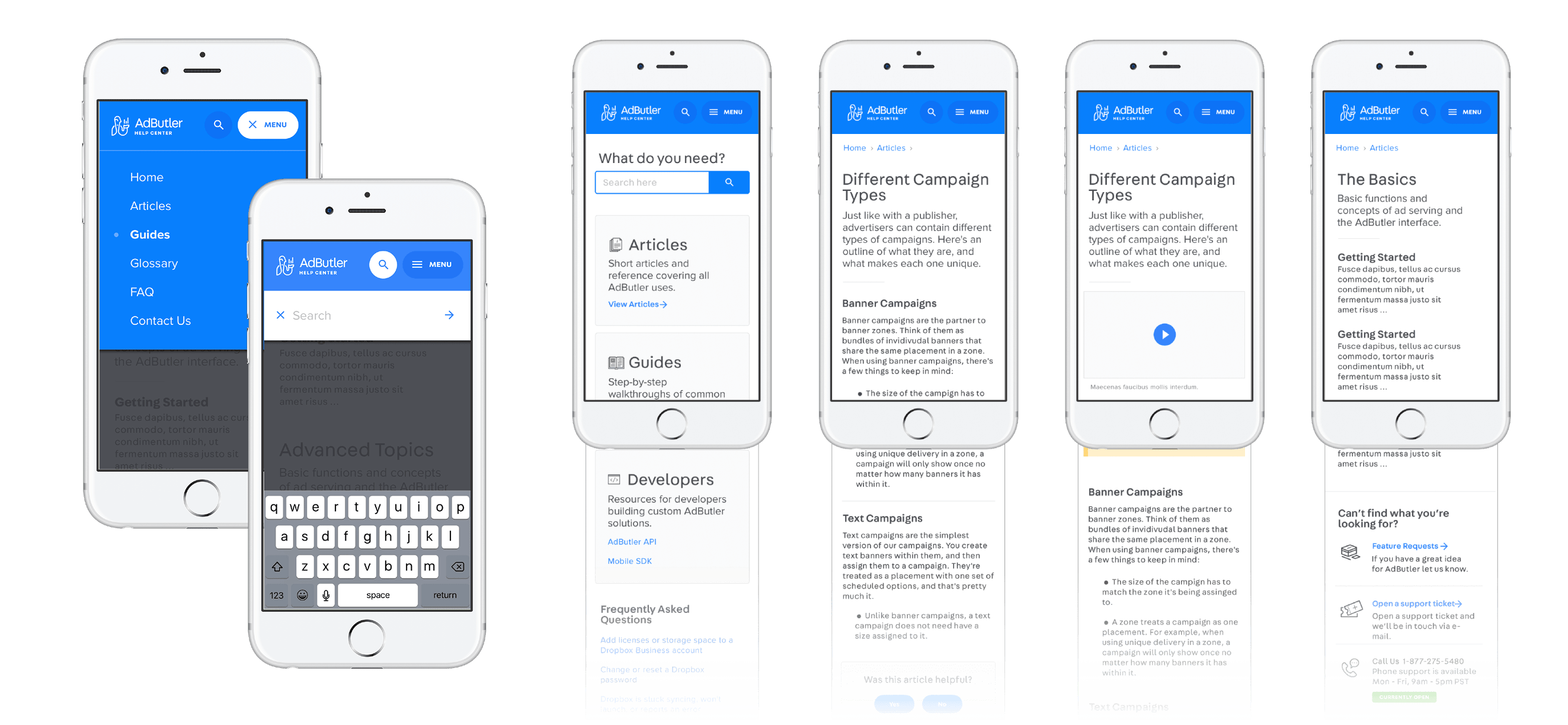 Mobile views of AdButler help articles and navigation