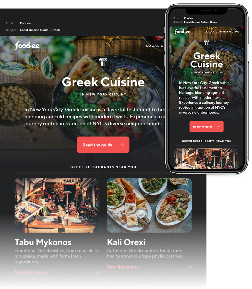 Greek local cuisine guide shown in desktop email and mobile formats