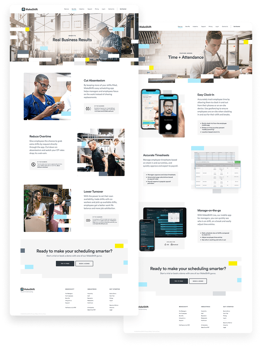 Makeshift benefits and time-and-attendance feature pages