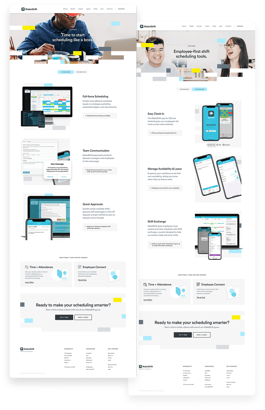Makeshift manager and employee scheduling feature pages